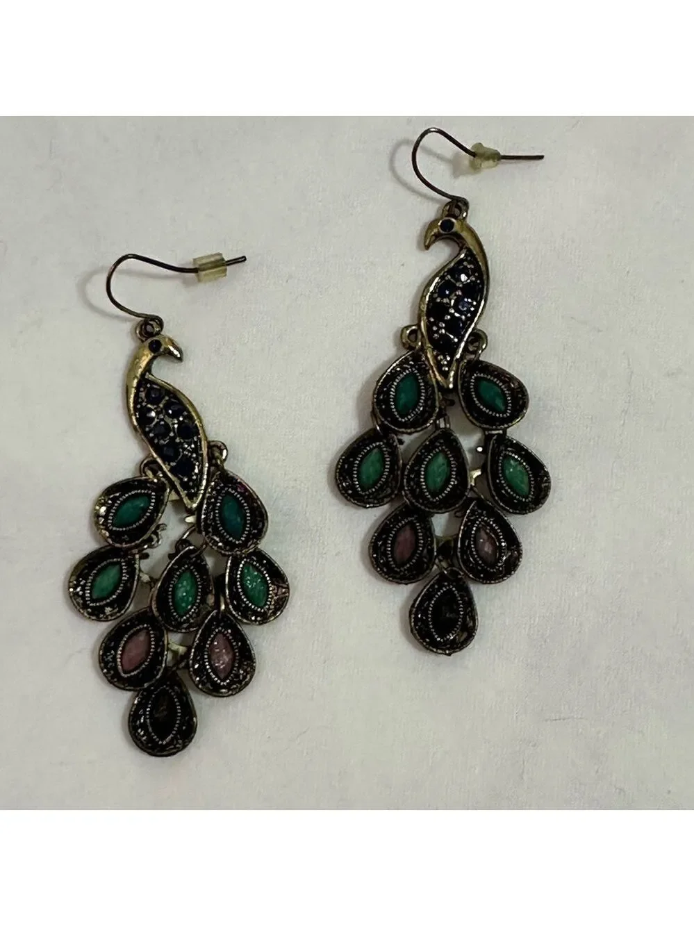 VINTAGE BOHEMIAN PEACOCK CHANDELIER EARRINGS & RING SET OCEAN HUES STATEMENT LUX